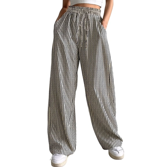 Women'S Striped Wide Leg Lounge Pants Knot Front High Waisted Baggy Pants Trousers Streetwear Black & White M