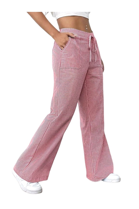 Women'S Striped Wide Leg Lounge Wear Pants Elastic Waist High Waisted Trousers with Pockets Red S