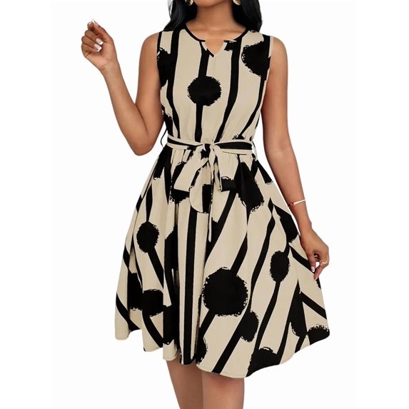 Women'S Striped Wrap V Neck Tie Waist Sleeveless Spaghetti Straps Dress Apricot S
