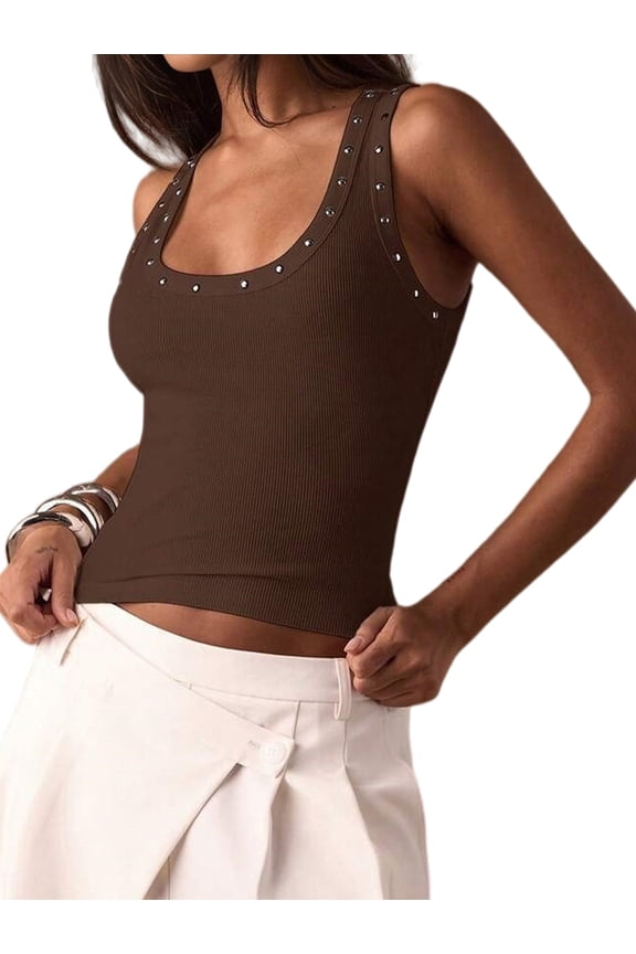 Women'S Studded Ribbed Knit Tank Top Square Neck Sleeveless Fitted Y2K Going Out Crop Tops Dark Brown M