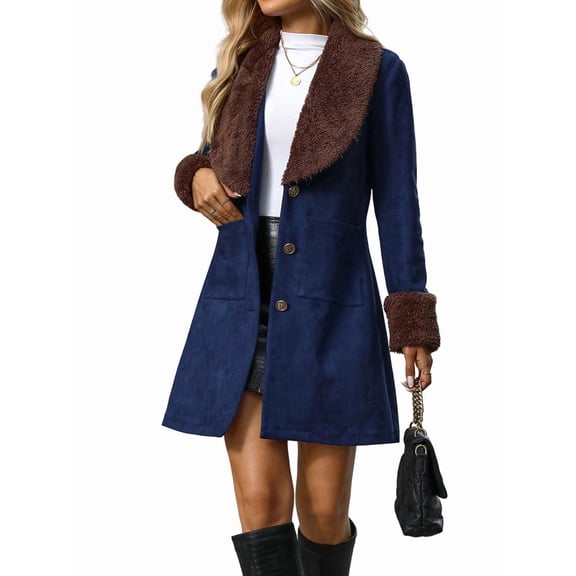 Women'S Suede Patchwork Plush Lapel Jacket Slim Fit Long Casual Coat Navy Blue XXL