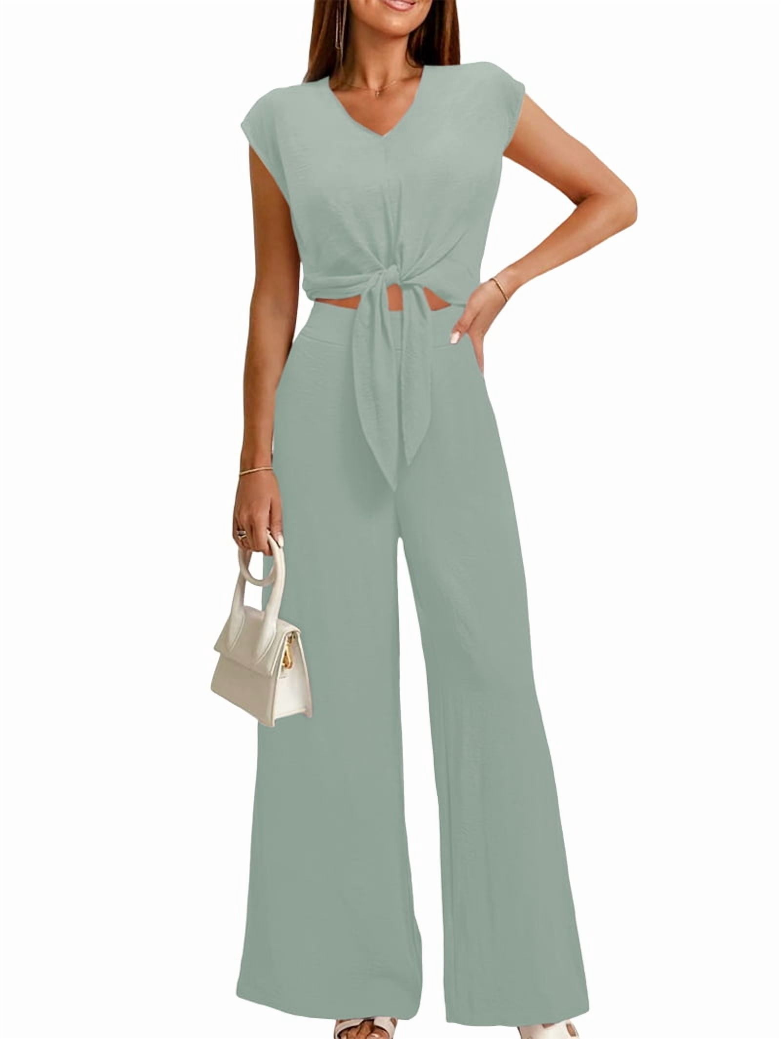 Women'S Summer 2 Piece 2025 Cap Sleeve V Neck Belted Crop Tops Wide Leg Pants Sets Casual Tracksuit Light Green S