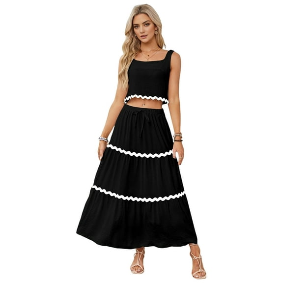Women'S Summer 2 Piece Beach Outfit Casual Sleeveless Cropped Tank Top High Waisted Maxi Skirt Set Black S