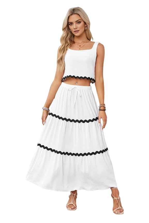 Women'S Summer 2 Piece Beach Outfit Casual Sleeveless Cropped Tank Top High Waisted Maxi Skirt Set White S