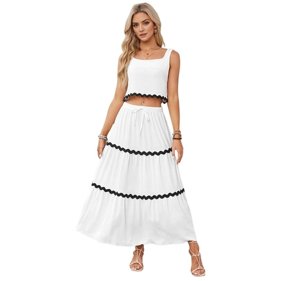 Women'S Summer 2 Piece Beach Outfit Casual Sleeveless Cropped Tank Top High Waisted Maxi Skirt Set White XL