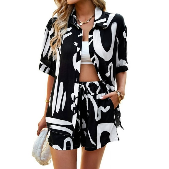 Women'S Summer 2 Piece Floral Print Blouse Long Sleeve Button Down Shirts Tops Lounge Shorts Casual Tracksuit Set black S