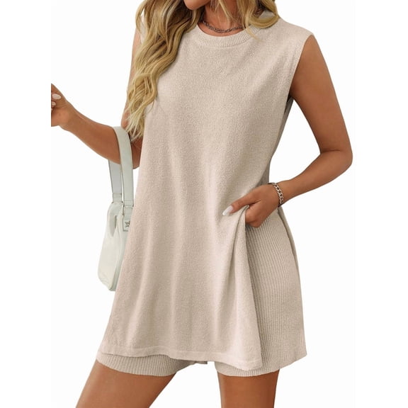 Women'S Summer 2 Piece Matching Long Sweater Shorts Sets Travel Resort Wear Sleeveless Knit Outfits Apricot M