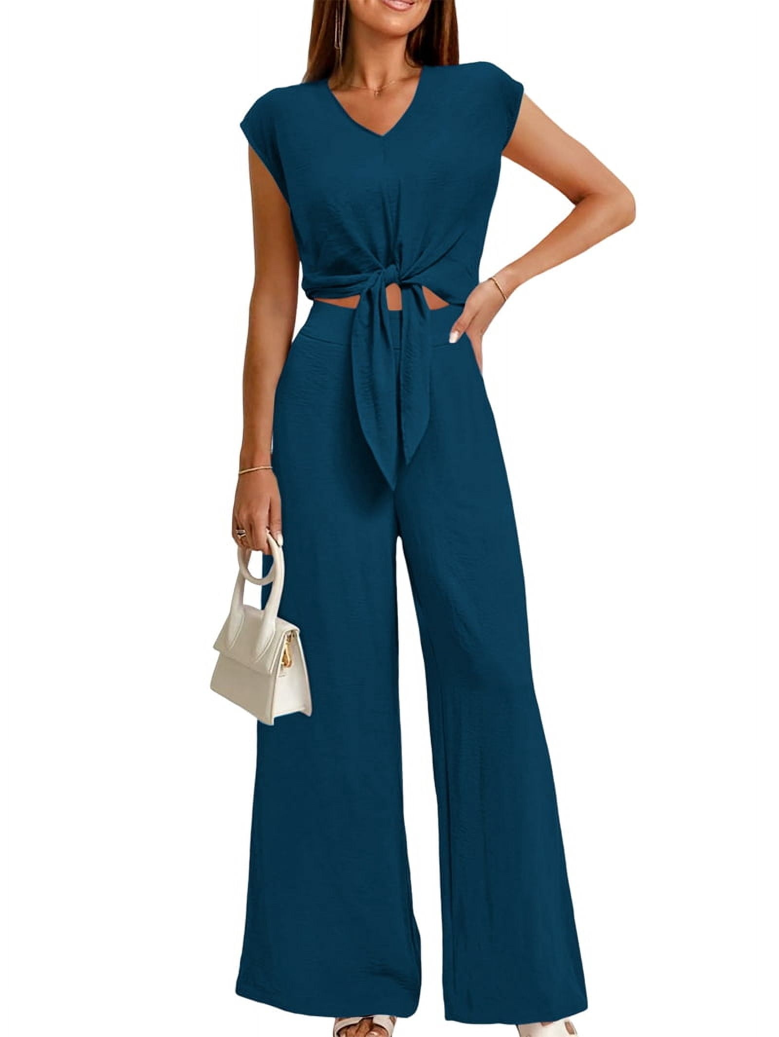 Women'S Summer 2 Piece Outfits 2025 Cap Sleeve V Neck Belted Crop Tops Wide Leg Pants Sets Casual Tracksuit Dark Green M