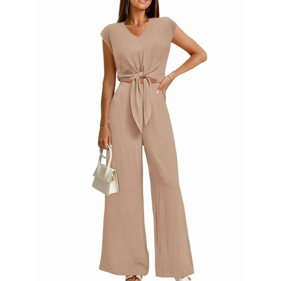 Women'S Summer 2 Piece Outfits 2025 Cap Sleeve V Neck Belted Crop Tops Wide Leg Pants Sets Casual Tracksuit Khaki S