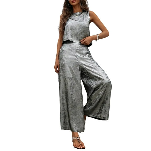 Women'S Summer 2 Piece Outfits Set Round Neck Sleeveless Tank Crop Top Wide Leg Pants Set Pockets Jumpsuits Silver XL