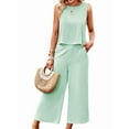 thumbnail image 1 of Women'S Summer 2 Piece Outfits Set Round Neck Sleeveless Tank Crop Top Wide Leg Pants Set with Pockets Mint Green L, 1 of 8