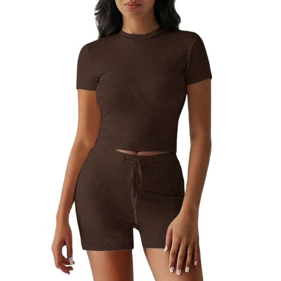 Women'S Summer 2 Piece Outfits Skinny Shorts Tracksuit Sets Brown M