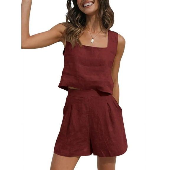 Women'S Summer 2 Piece Outfits Sleeveless Crop Top Shorts Linen Lounge Beach Travel Sets Claret L