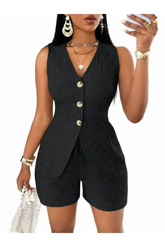Women'S Summer 2 Piece Outfits Sleeveless Matching Sets Button Down V Neck Vest Waistcoat and Pockets Shorts Black L