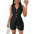 thumbnail image 1 of Women'S Summer 2 Piece Outfits Sleeveless Matching Sets Button Down V Neck Vest Waistcoat and Pockets Shorts Black S, 1 of 8