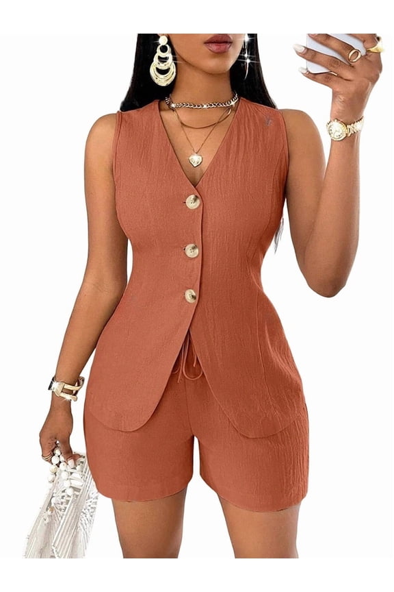 Women'S Summer 2 Piece Outfits Sleeveless Matching Sets Button Down V Neck Vest Waistcoat and Pockets Shorts Brown M