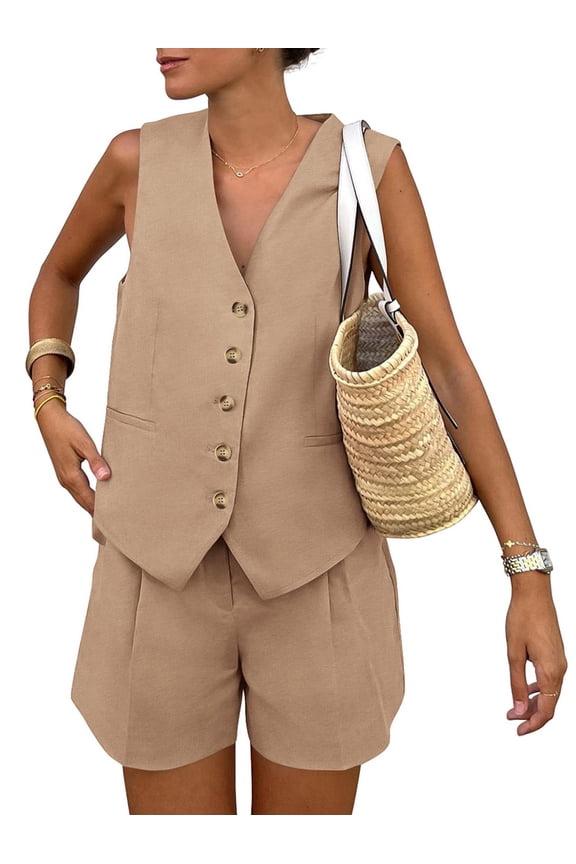 Women'S Summer 2 Piece Outfits Sleeveless Matching Sets Button Down V Neck Vest Waistcoat and Pockets Shorts Khaki M