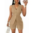 thumbnail image 1 of Women'S Summer 2 Piece Outfits Sleeveless Matching Sets Button Down V Neck Vest Waistcoat and Pockets Shorts Khaki XL, 1 of 7