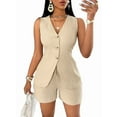 thumbnail image 1 of Women'S Summer 2 Piece Outfits Sleeveless Matching Sets Button Down V Neck Vest Waistcoat and Pockets Shorts  S, 1 of 8