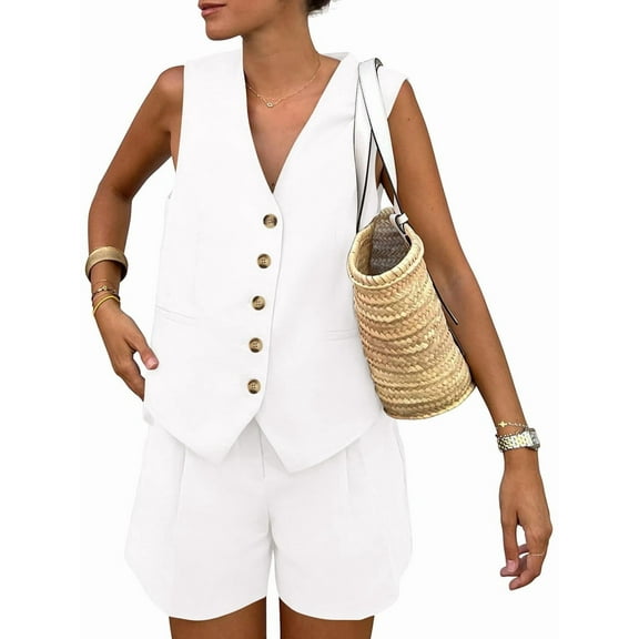 Women'S Summer 2 Piece Outfits Sleeveless Matching Sets Button Down V Neck Vest Waistcoat and Pockets Shorts White XL