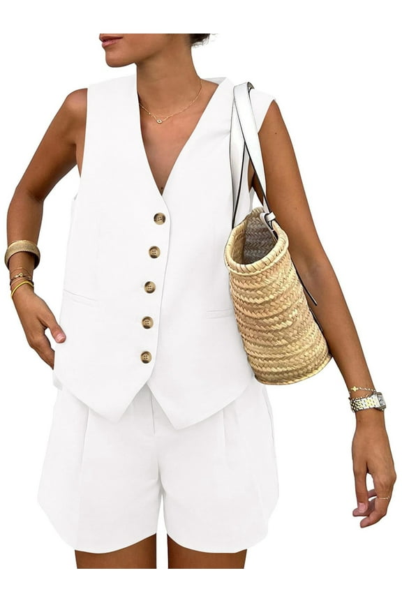 Women'S Summer 2 Piece Outfits Sleeveless Matching Sets Button Down V Neck Vest Waistcoat and Pockets Shorts White XXL