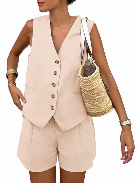 Women'S Summer 2 Piece Outfits Sleeveless Matching Sets Button Down V Neck Vest Waistcoat and Pockets Shorts XL