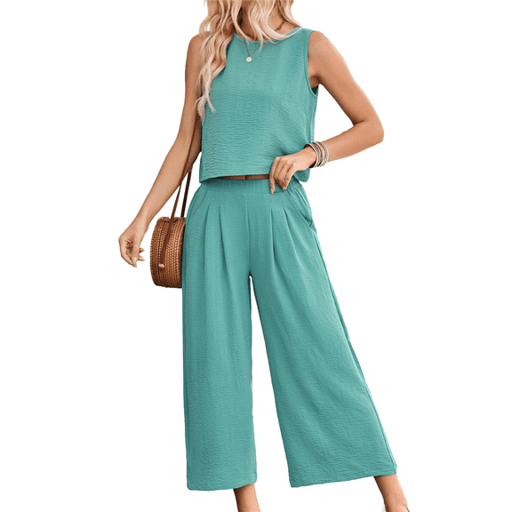 Women'S Summer 2 Piece Outfits Sleeveless Round Neck Tank Crop Basic Top Wide Leg Pants Set with Pockets Bean Green M