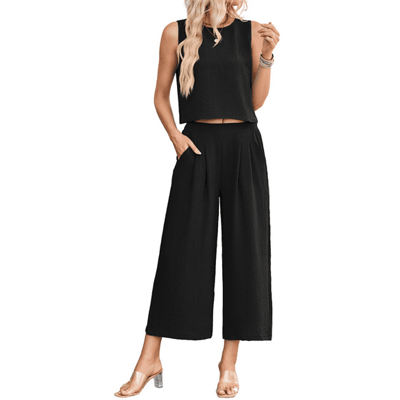 Women'S Summer 2 Piece Outfits Sleeveless Round Neck Tank Crop Basic Top Wide Leg Pants Set with Pockets Black XXL