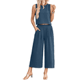 thumbnail image 1 of Women'S Summer 2 Piece Outfits Sleeveless Round Neck Tank Crop Basic Top Wide Leg Pants Set with Pockets Hidden Blue S, 1 of 6