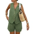 thumbnail image 1 of Women'S Summer 2 Piece Outfits Sleeveless Sets Button Down V Neck Vest Waistcoat and Pockets Shorts  Green L, 1 of 7