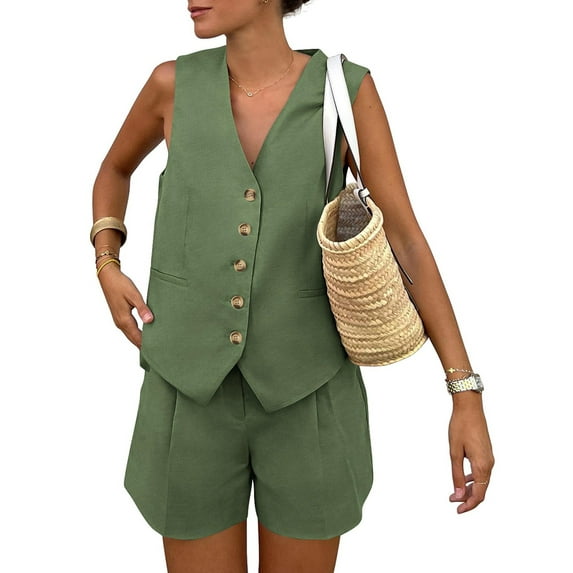 Women'S Summer 2 Piece Outfits Sleeveless Sets Button Down V Neck Vest Waistcoat and Pockets Shorts Green L