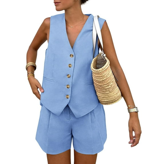 Women'S Summer 2 Piece Outfits Sleeveless Sets Button Down V Neck Vest Waistcoat and Pockets Shorts Light Blue L