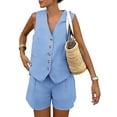 thumbnail image 1 of Women'S Summer 2 Piece Outfits Sleeveless Sets Button Down V Neck Vest Waistcoat and Pockets Shorts Light Blue S, 1 of 7