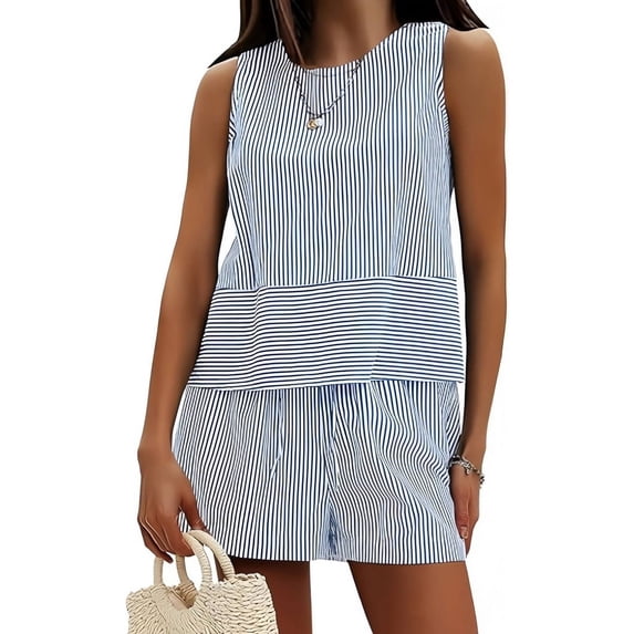 Women'S Summer 2 Piece Outfits Sleeveless Tank Top Matching Shorts Sets Cotton Striped Sweatsuits Blue S