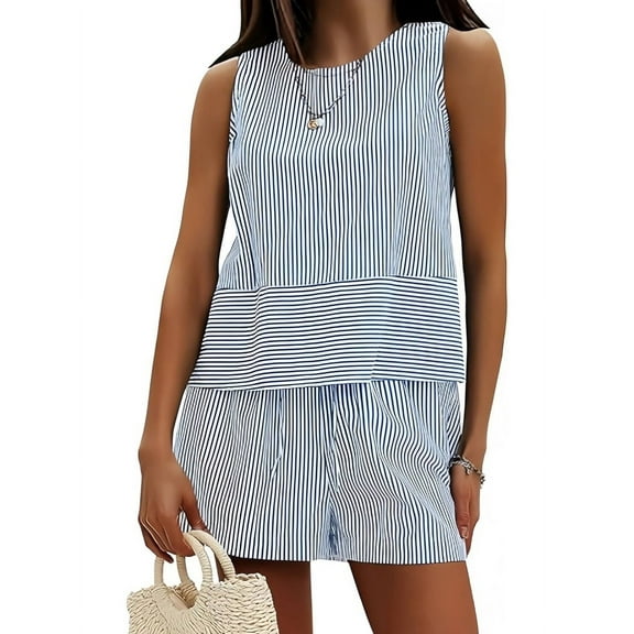 Women'S Summer 2 Piece Outfits Sleeveless Tank Top Matching Shorts Sets Cotton Striped Sweatsuits Blue M