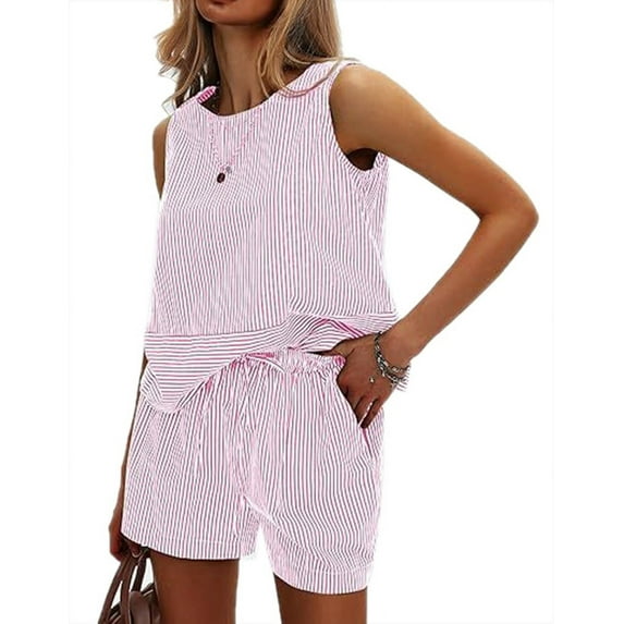 Women'S Summer 2 Piece Outfits Sleeveless Tank Top Matching Shorts Sets Cotton Striped Sweatsuits L