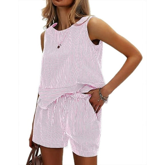 Women'S Summer 2 Piece Outfits Sleeveless Tank Top Matching Shorts Sets Cotton Striped Sweatsuits M