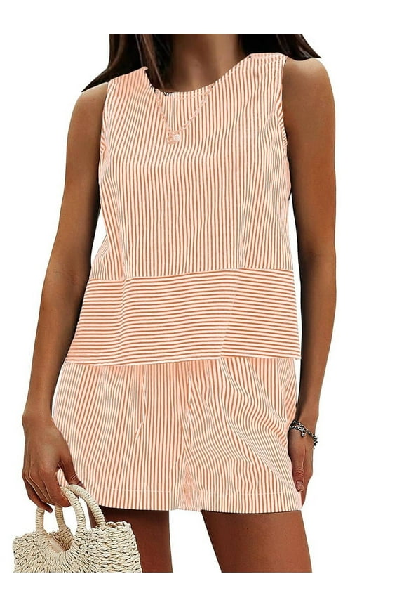 Women'S Summer 2 Piece Outfits Sleeveless Tank Top Matching Shorts Sets Cotton Striped Sweatsuits Orange S