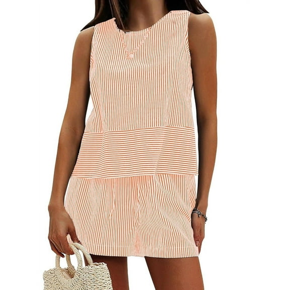 Women'S Summer 2 Piece Outfits Sleeveless Tank Top Matching Shorts Sets Cotton Striped Sweatsuits Orange XL