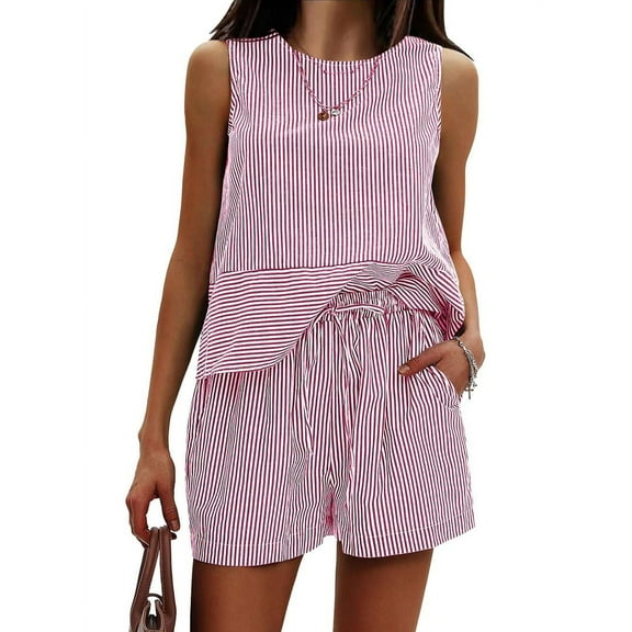 Women'S Summer 2 Piece Outfits Sleeveless Tank Top Matching Shorts Sets Cotton Striped Sweatsuits