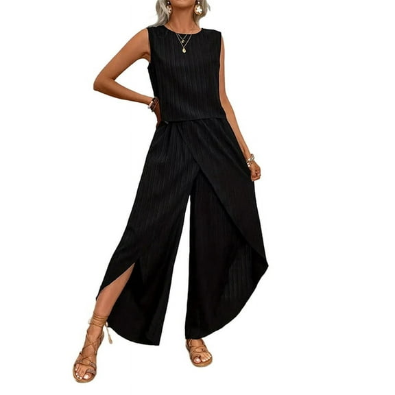 Women'S Summer 2 Piece Outfits Sleeveless Tank Top Matching Wide-Leg Pants Sets Striped Sweatsuits Vacation Beach 2025 Black XL