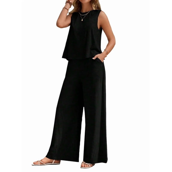 Women'S Summer 2 Piece Outfits Sleeveless Top Wide Leg Pants Lounge Beach Travel Sets Black XL