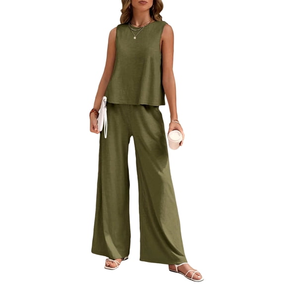 Women'S Summer 2 Piece Outfits Sleeveless Top Wide Leg Pants Lounge Beach Travel Sets Green XXL