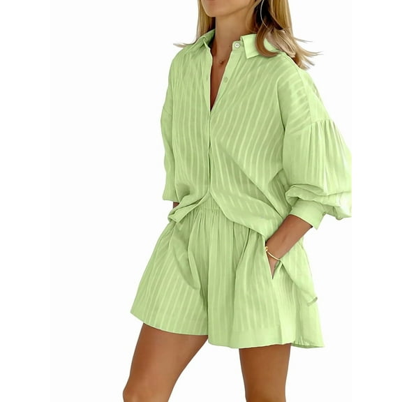 Women'S Summer 2 Piece Sets Striped Puff Sleeve Button Down Shirts Tops Matching Shorts Sets Casual Outfits Green L