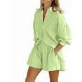 thumbnail image 1 of Women'S Summer 2 Piece Sets Striped Puff Sleeve Button Down Shirts Tops Matching Shorts Sets Casual Outfits Green M, 1 of 5