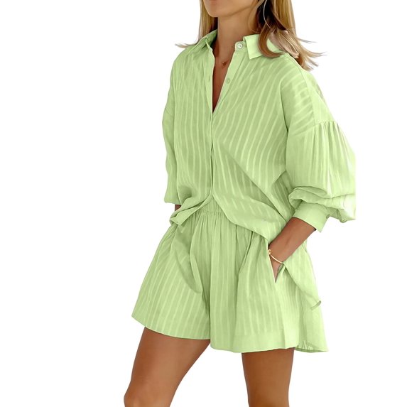 Women'S Summer 2 Piece Sets Striped Puff Sleeve Button Down Shirts Tops Matching Shorts Sets Casual Outfits Green S