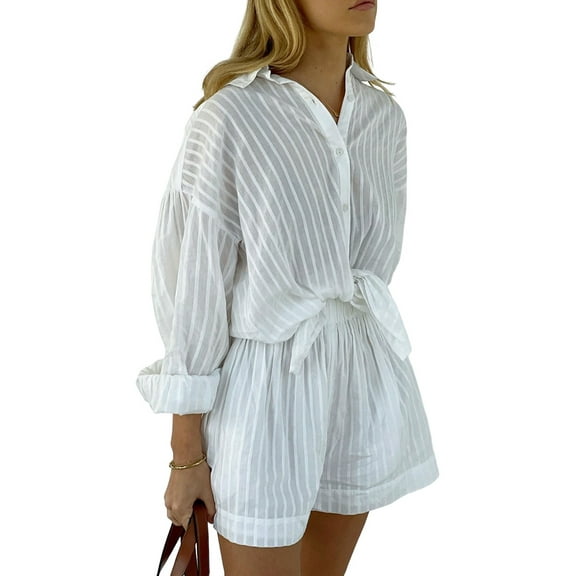 Women'S Summer 2 Piece Sets Striped Puff Sleeve Button Down Shirts Tops Matching Shorts Sets Casual Outfits White L