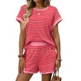 thumbnail image 1 of Women'S Summer 2 Piece Sets Striped Short Sleeve T Shirts and Shorts Loungewear Matching Set Deep Pink L, 1 of 9