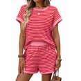 thumbnail image 1 of Women'S Summer 2 Piece Sets Striped Short Sleeve T Shirts and Shorts Loungewear Matching Set Deep Pink XL, 1 of 9