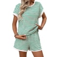 thumbnail image 1 of Women'S Summer 2 Piece Sets Striped Short Sleeve T Shirts and Shorts Loungewear Matching Set Green S, 1 of 9